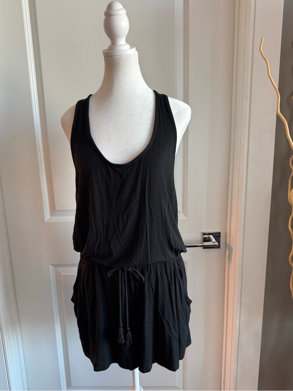 Aerie Black Women’s Romper with Side Pockets and Crocheted Racer Back Size L